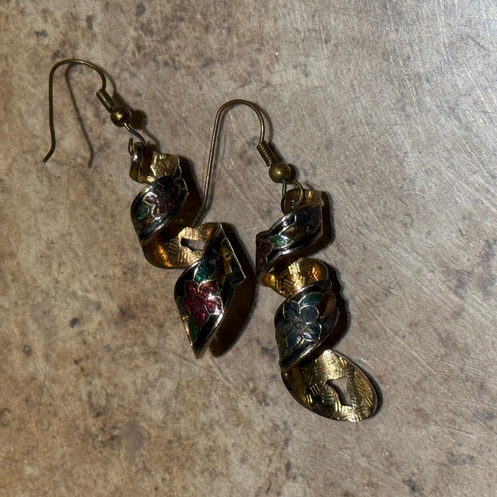 Vintage Colorful Gold and Floral Spiral Earrings - Picture 2 of 6